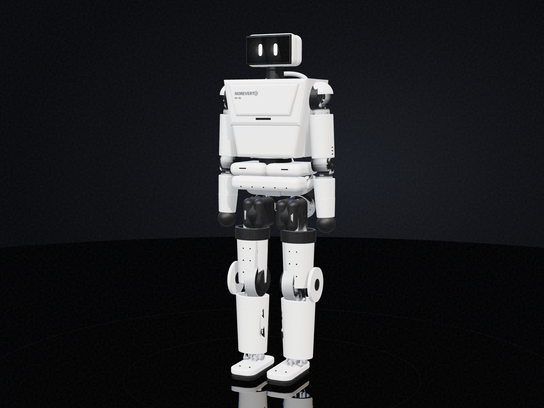 NV-01 in the white shell, rendered from the site model: monitor head, pill eyes, black spheres, NOREVERT on the chest